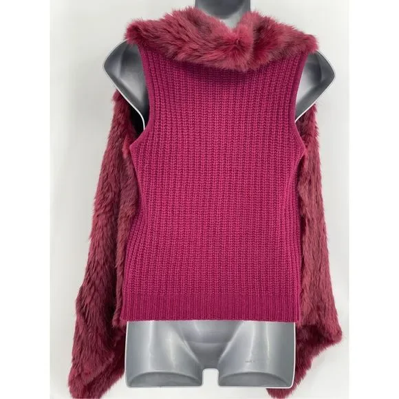 C By Bloomingdales‎ Women's XS Cashmere Rabbit Fur Sweater Vest Dark Pink Maroon - Picture 8 of 11